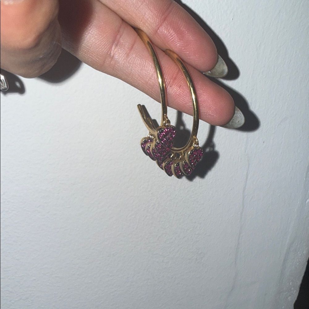 Elegant Gold Hoop Earrings with Pink Heart Dangles NEW Hoop Earrings